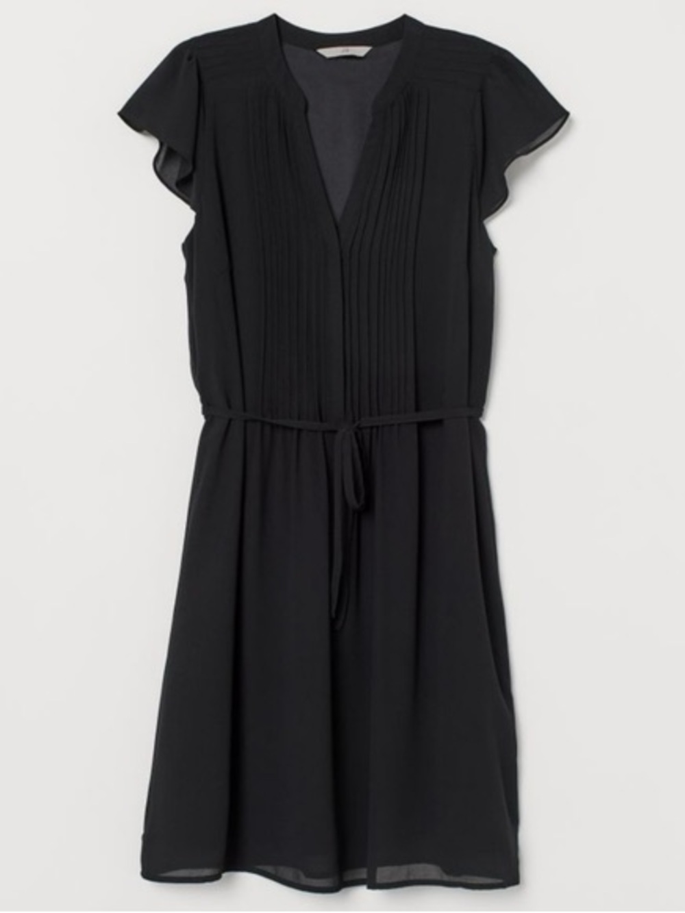 H&M Black Pintuck Flutter-Sleeve Tie-Waist Mini Dress